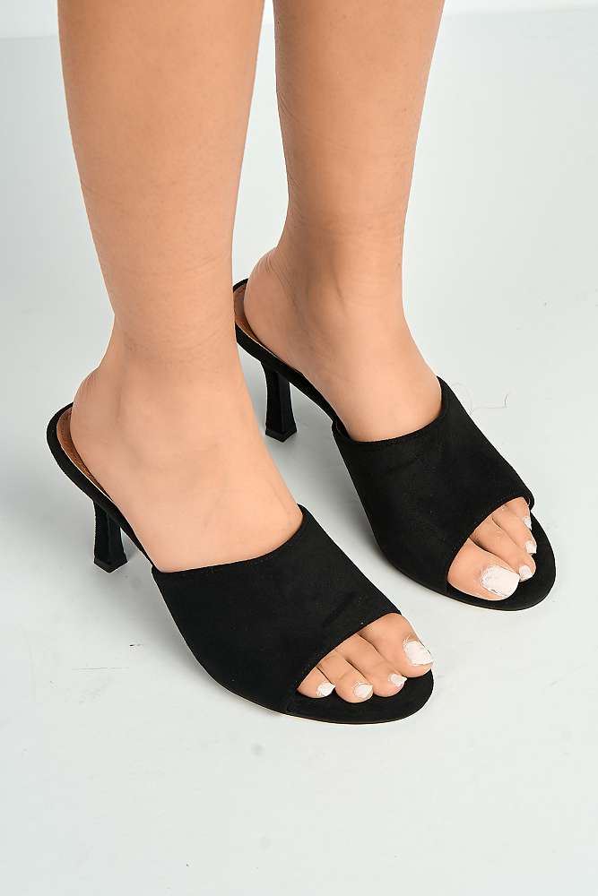Giselle Peeptoe Plain Band Heeled Mules in Black Suede
