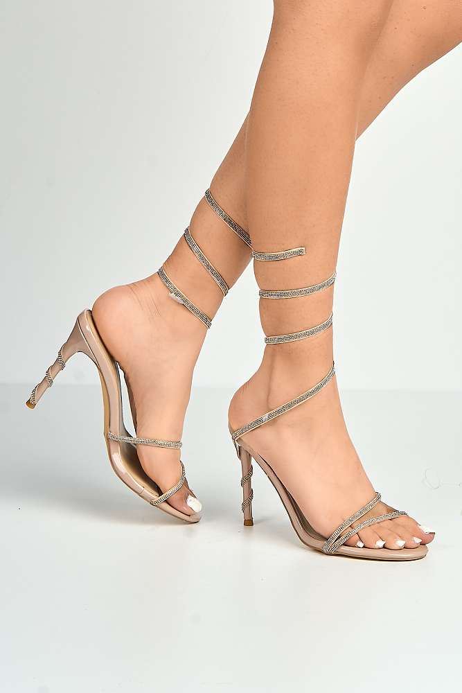 Curly Diamante Embellished Spiral Ankle Strap Sandals in Nude