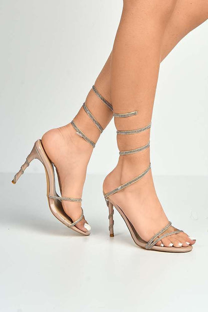Curly Diamante Embellished Spiral Ankle Strap Sandals in Nude