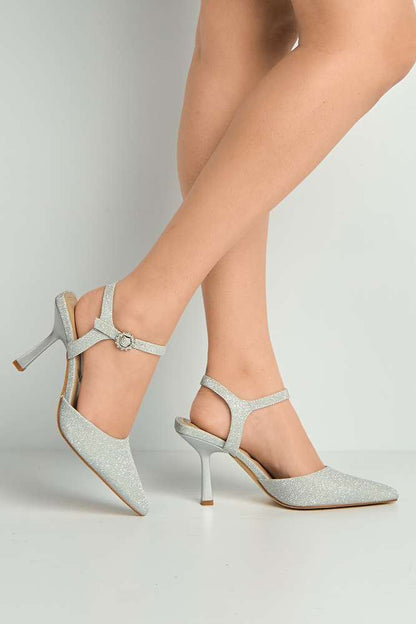 Desse Pointed Toe Shimmer Anklestrap Court Shoes in Silver Shimmer