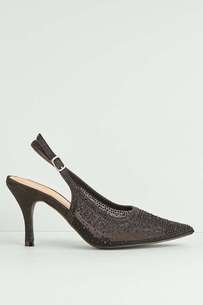 Aramina Gemstone Embellished Mesh Slingback Court Shoes in Black