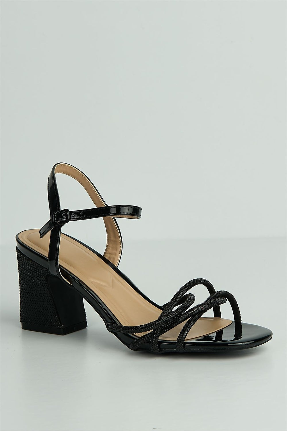 Valarie Diamante Strappy Block Anklestrap Heels in Black