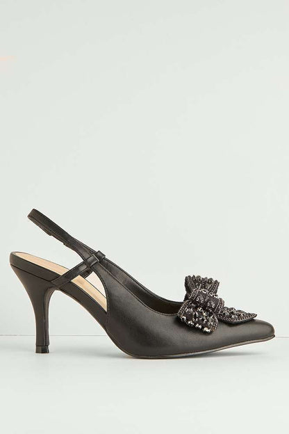 Celia Diamante Bow Pointed Toe Slingback Court Shoes in Black
