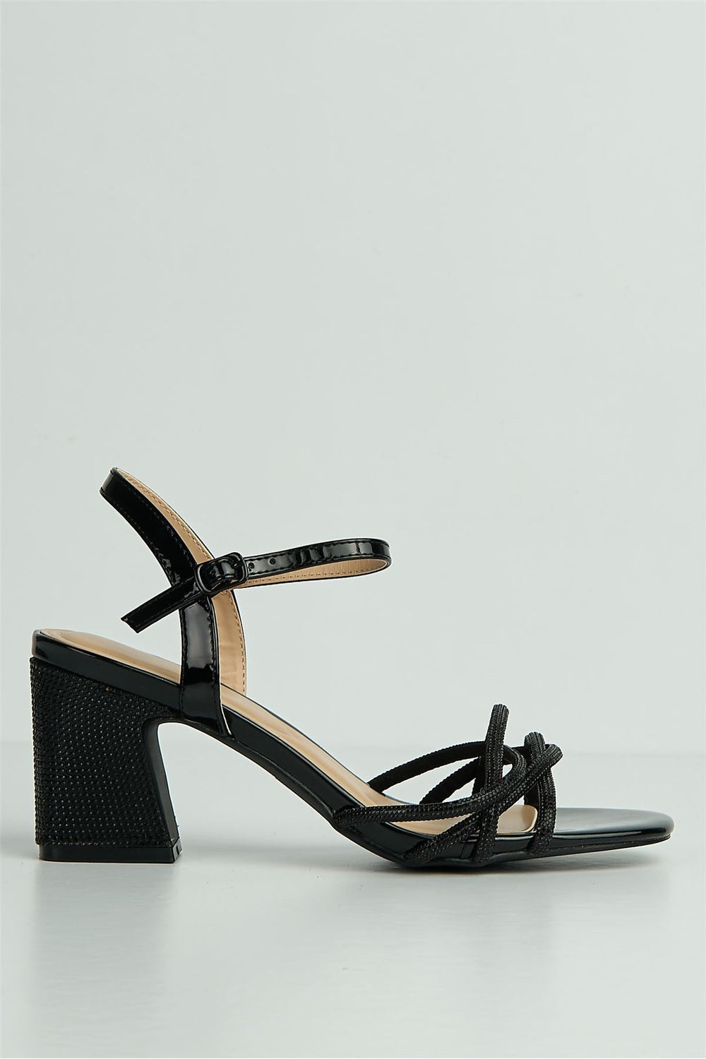 Valarie Diamante Strappy Block Anklestrap Heels in Black