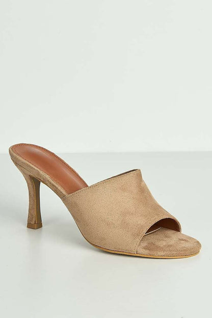 Giselle Peeptoe Plain Band Heeled Mules in Taupe Suede
