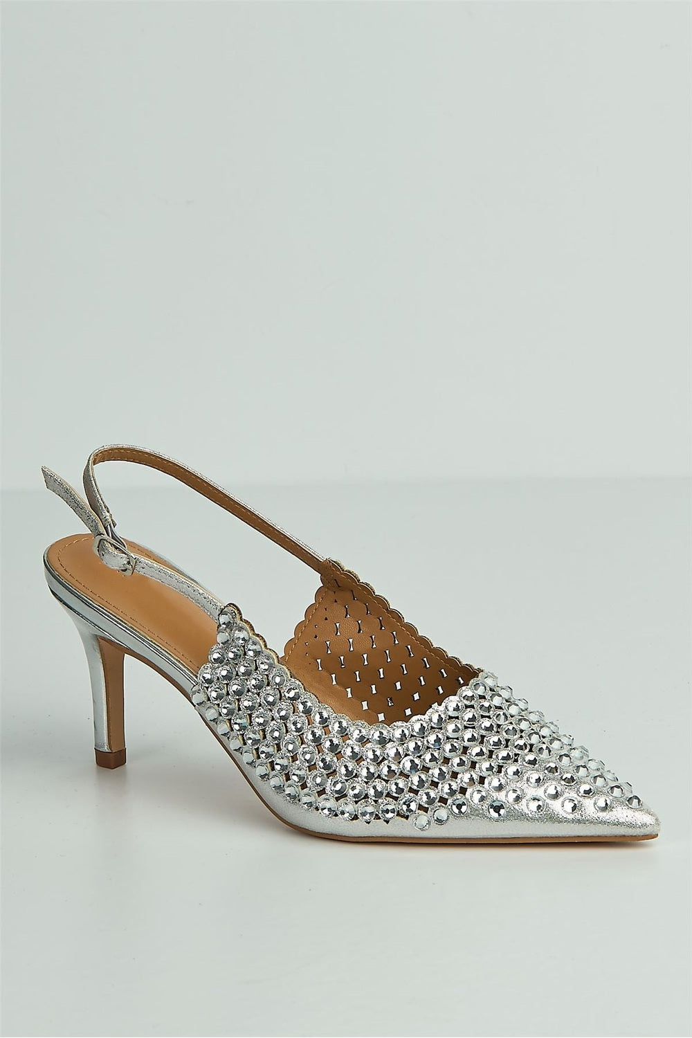 Seriea Mirror Encrusted Slingback Court Shoes in Silver