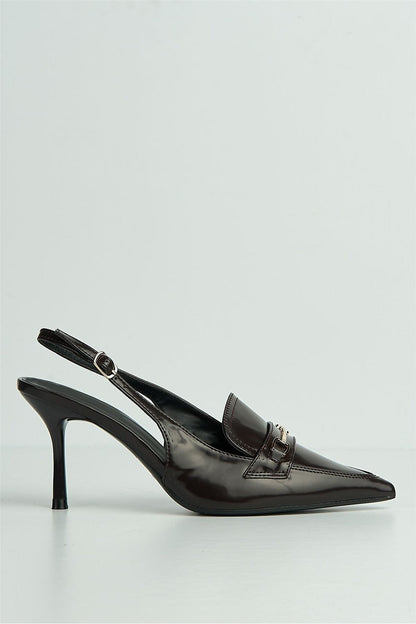 Anastasia Horsebit Detail Pointed Toe Anklestrap Court Shoes in Brown