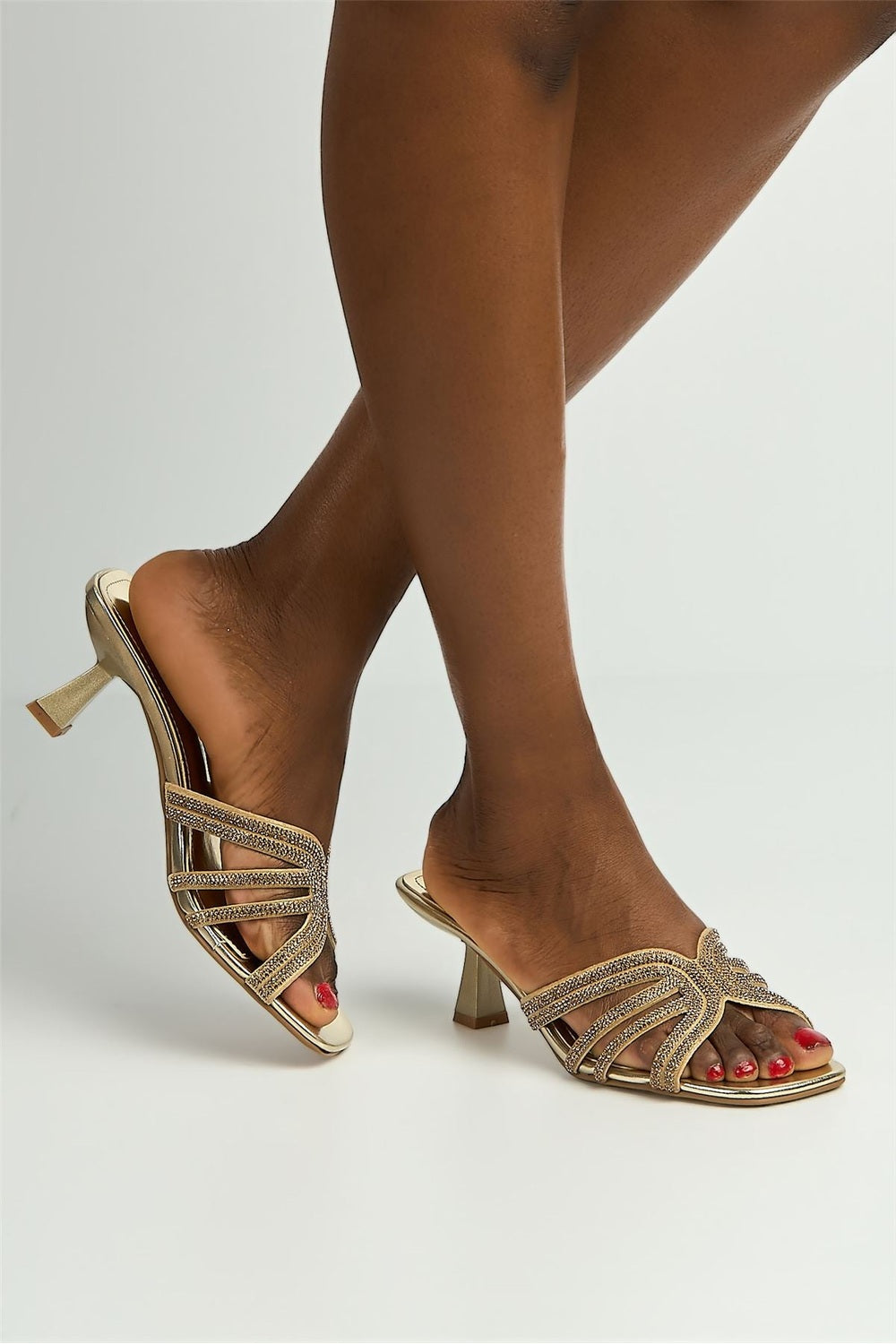 Blythe Diamante Strap Band Heeled Mules in Gold