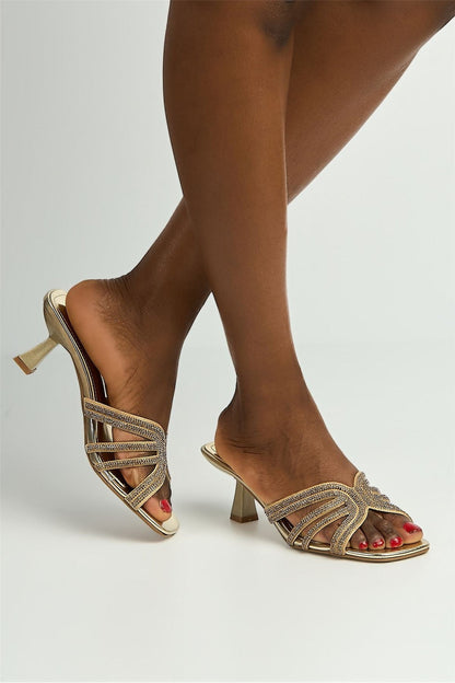 Blythe Diamante Strap Band Heeled Mules in Gold