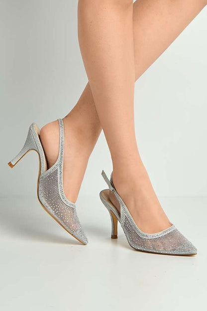 Aramina Gemstone Embellished Mesh Slingback Court Shoes in Silver