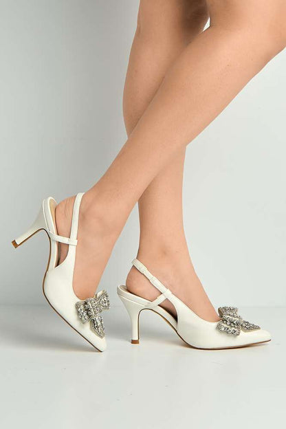 Celia Diamante Bow Pointed Toe Slingback Court Shoes in White