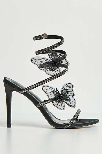 Loreli Flower Detail Diamante Heeled Sandals in Black