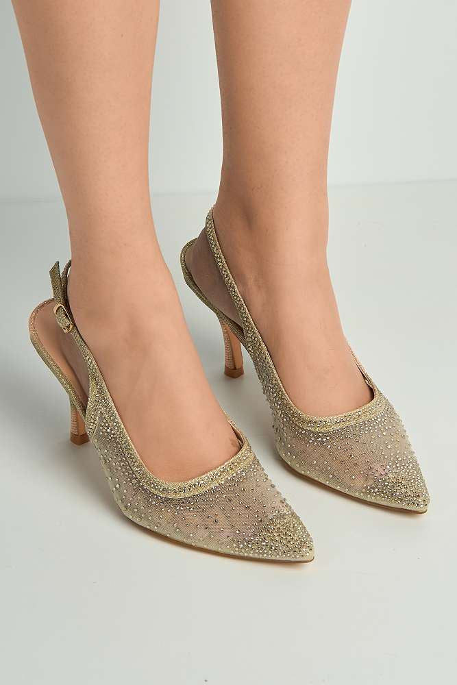 Aramina Gemstone Embellished Mesh Slingback Court Shoes in Gold