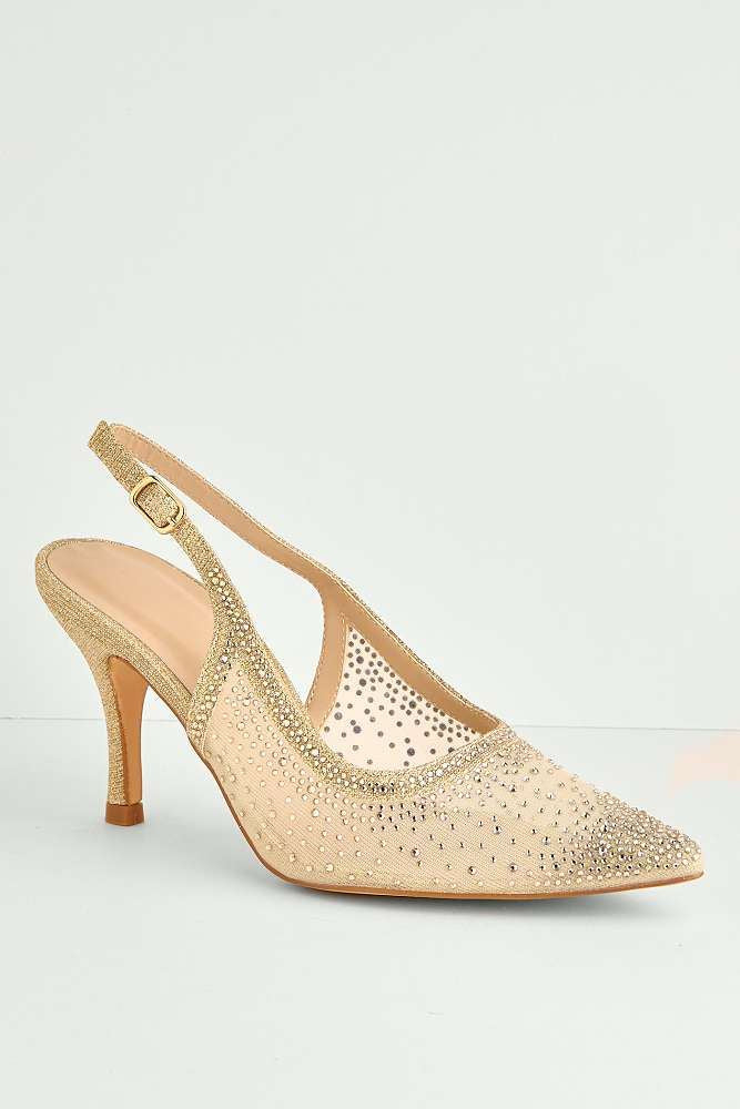 Aramina Gemstone Embellished Mesh Slingback Court Shoes in Gold
