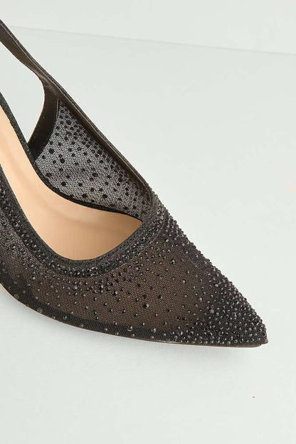 Aramina Gemstone Embellished Mesh Slingback Court Shoes in Black