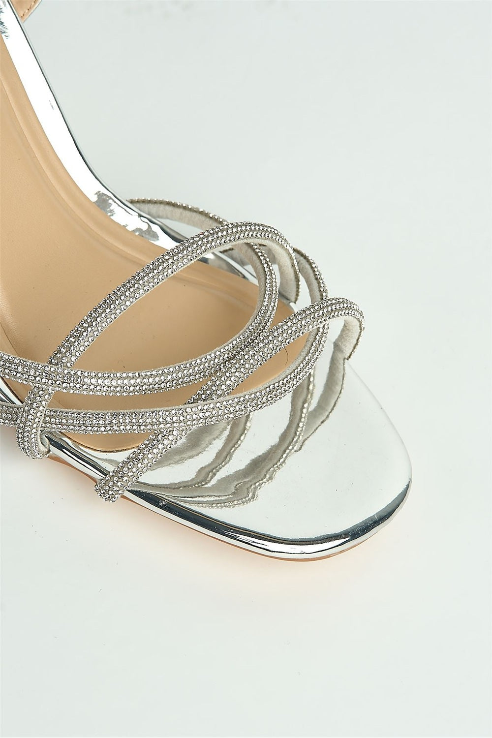 Valarie Diamante Strappy Block Anklestrap Heels in Silver