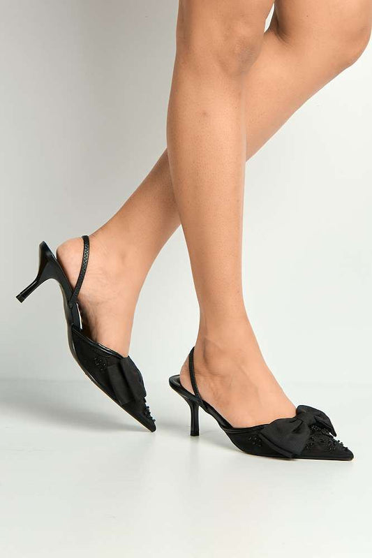 Seren Embellished Mesh and Bow Slingback Court Shoes in Black