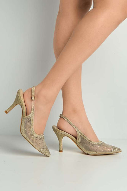 Aramina Gemstone Embellished Mesh Slingback Court Shoes in Gold
