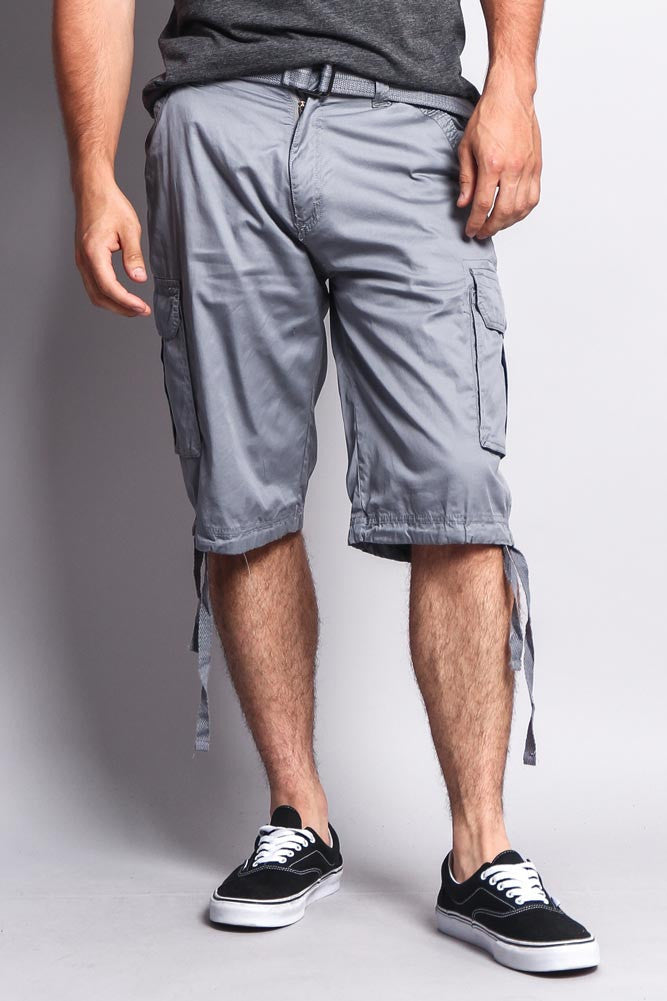 Solid Color Ripstop Belted Cargo Shorts