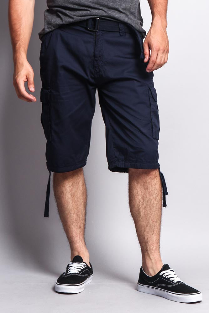 Solid Color Ripstop Belted Cargo Shorts