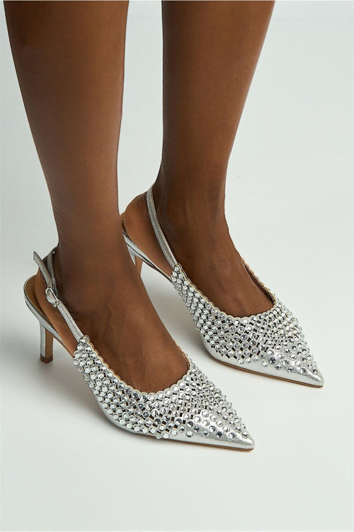 Seriea Mirror Encrusted Slingback Court Shoes in Silver