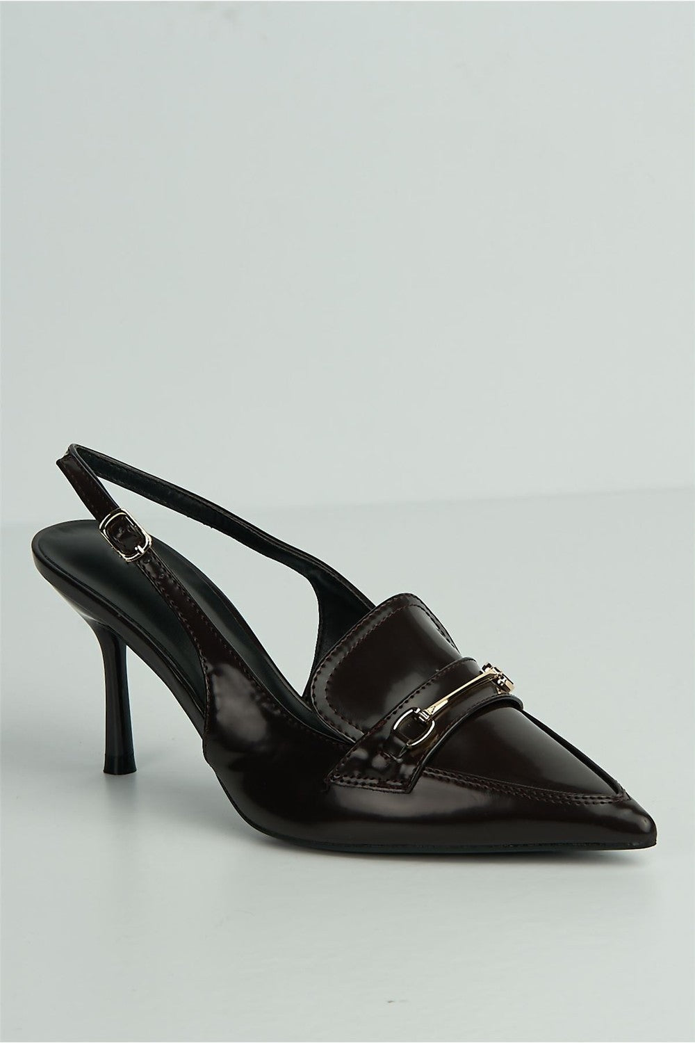 Anastasia Horsebit Detail Pointed Toe Anklestrap Court Shoes in Brown