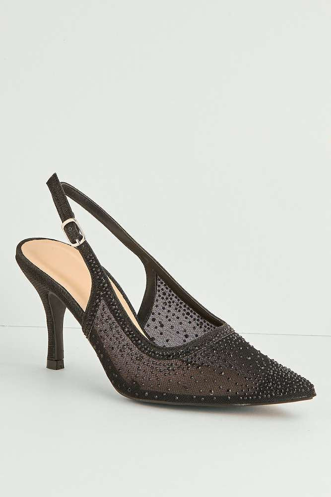 Aramina Gemstone Embellished Mesh Slingback Court Shoes in Black