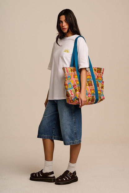 Teo - Cotton Beach Bag in Coastal Tile