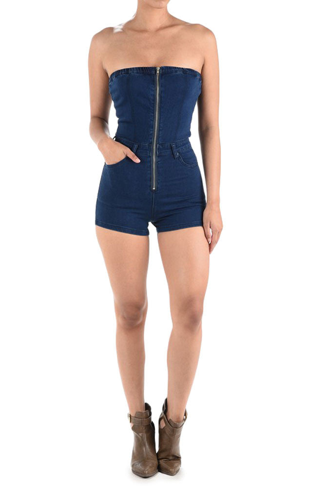 Women's Denim Strapless Zip Up Romper