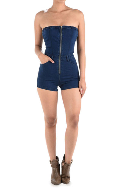 Women's Denim Strapless Zip Up Romper