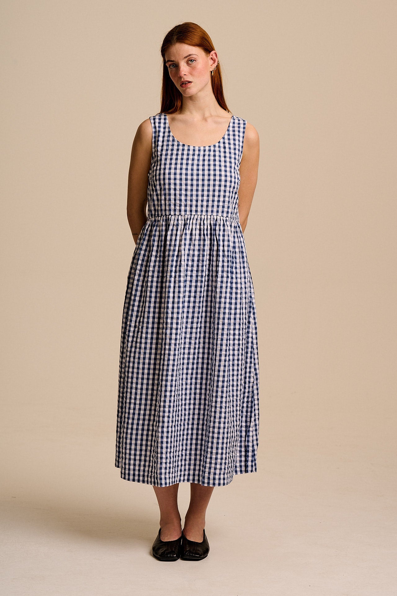 Aimee - Cotton Midi Dress in Blue Gingham