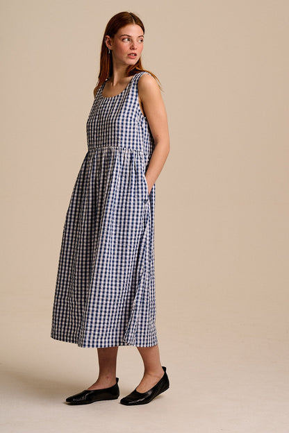 Aimee - Cotton Midi Dress in Blue Gingham