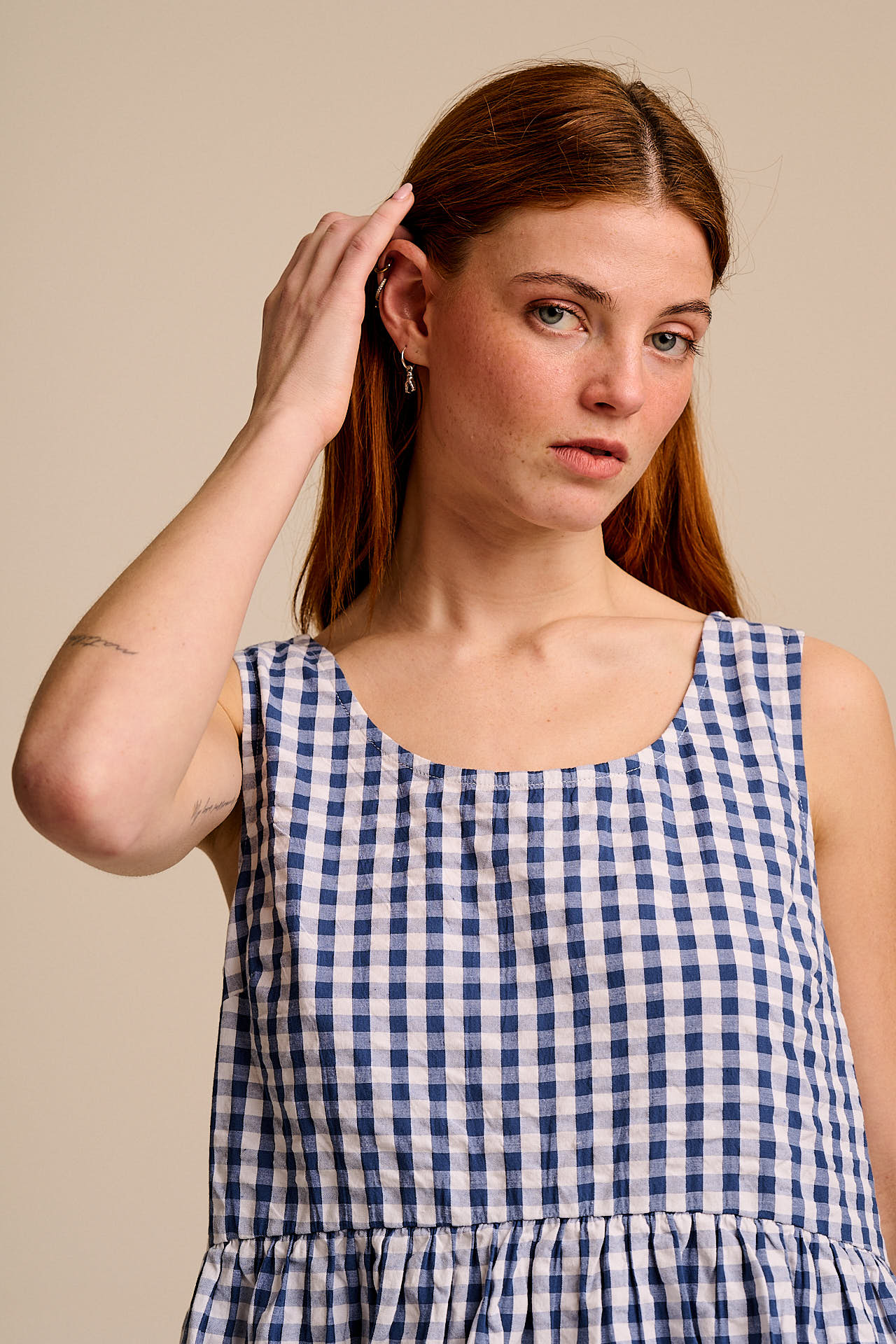 Aimee - Cotton Midi Dress in Blue Gingham