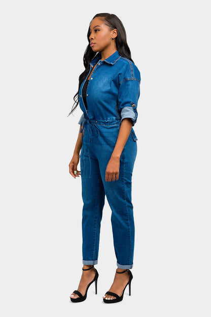 Loose Chain Back Denim Jumpsuit