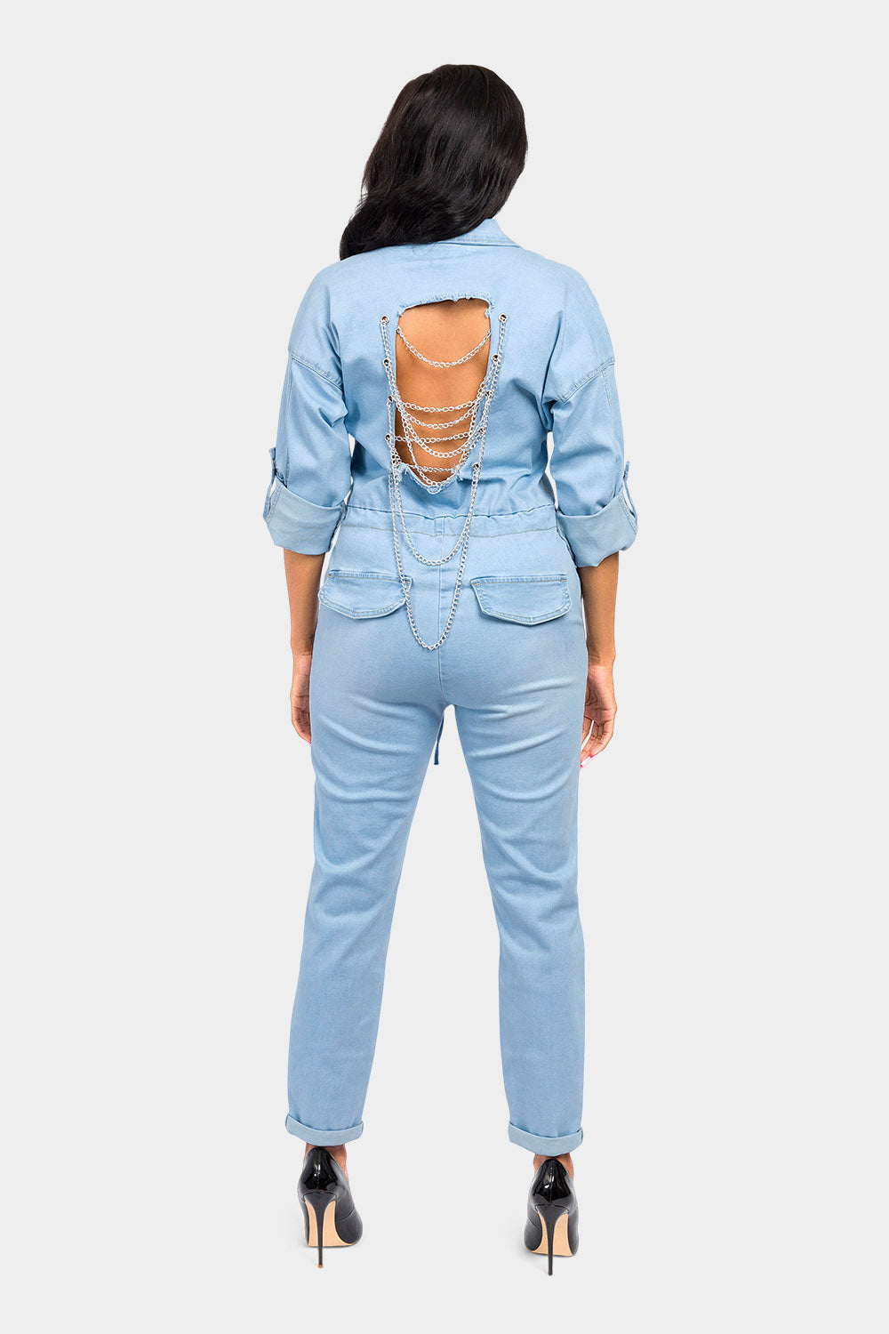 Loose Chain Back Denim Jumpsuit