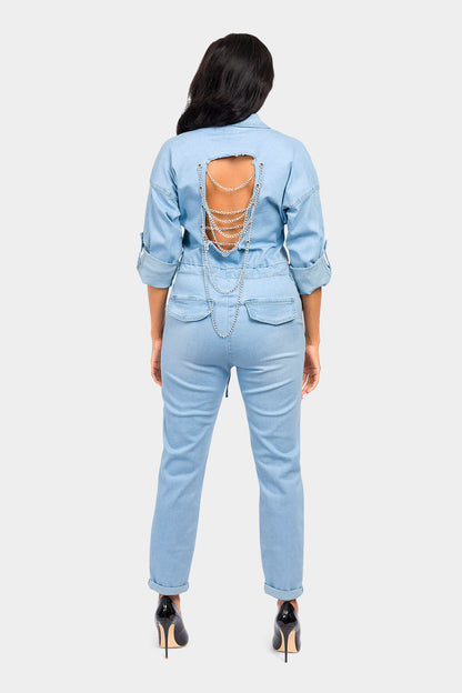 Loose Chain Back Denim Jumpsuit