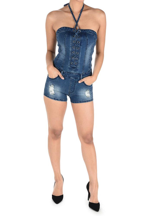 Women's Lace Up Denim Romper