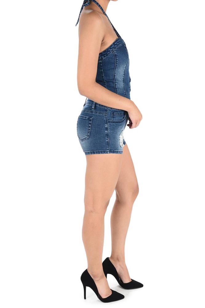 Women's Lace Up Denim Romper