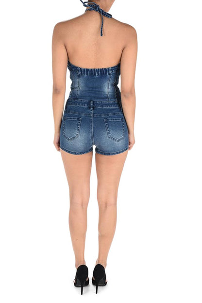 Women's Lace Up Denim Romper