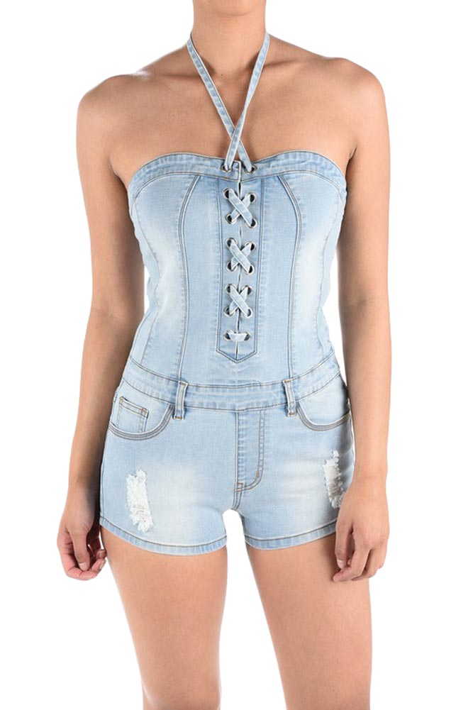 Women's Lace Up Denim Romper