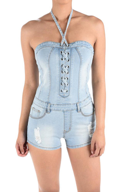 Women's Lace Up Denim Romper