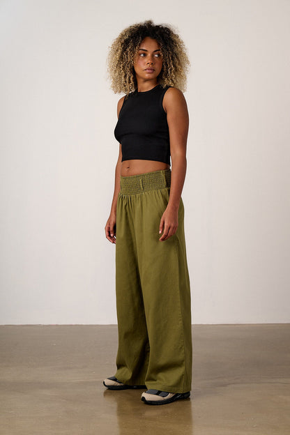 Alex - Wide Leg Cotton Trousers in Khaki
