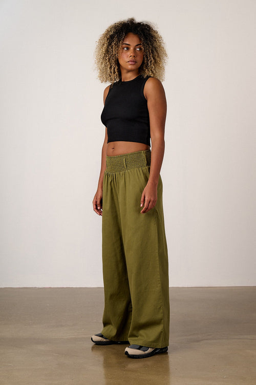 Alex - Wide Leg Cotton Trousers in Khaki