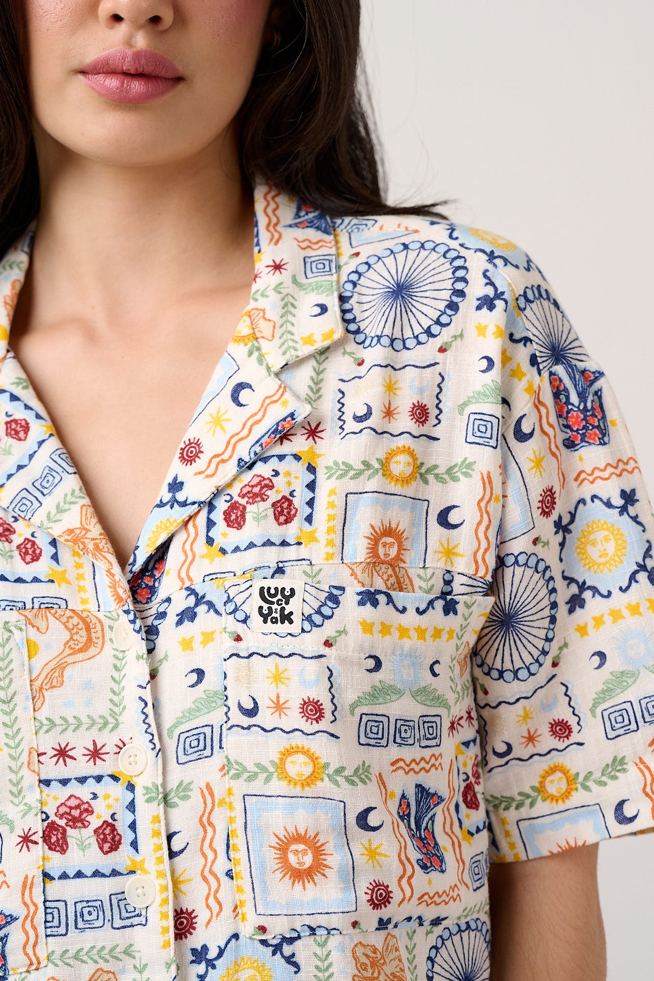Alfie - Cotton Shirt in Ecru Cosmic Folk Tile