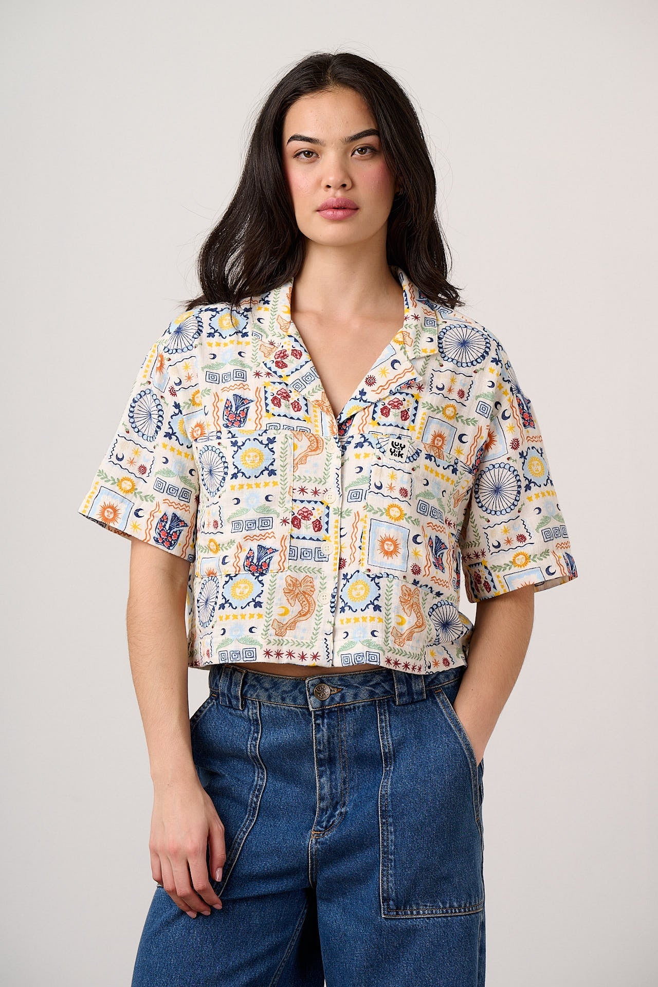 Alfie - Cotton Shirt in Ecru Cosmic Folk Tile
