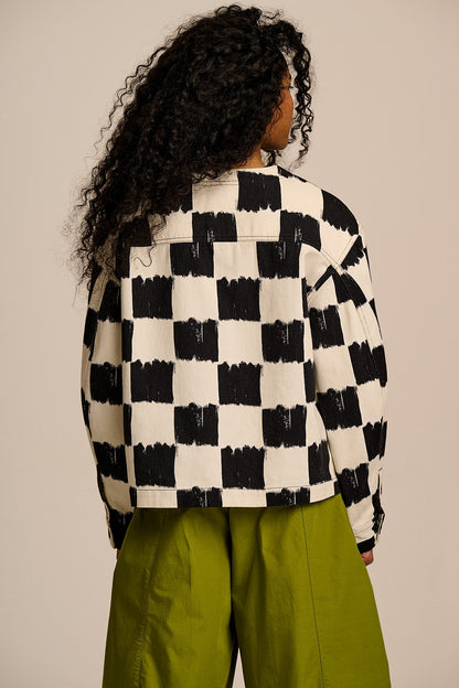 Amarante - Collarless Cotton Jacket in Black & Ecru Blurred Checkerboard