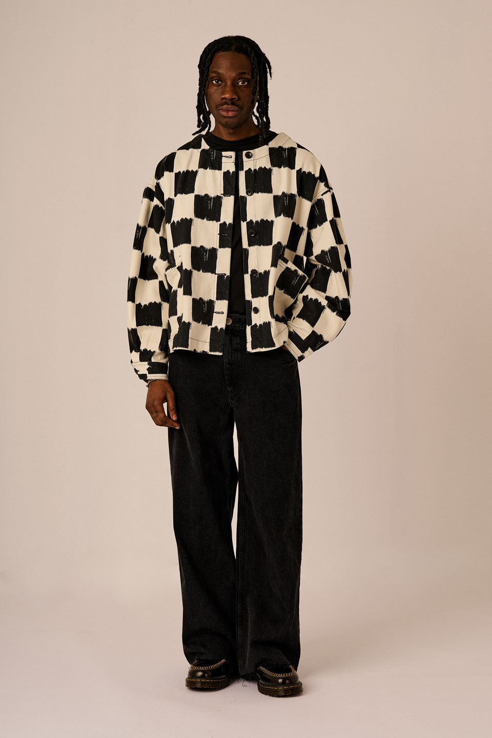Amarante - Collarless Cotton Jacket in Black & Ecru Blurred Checkerboard