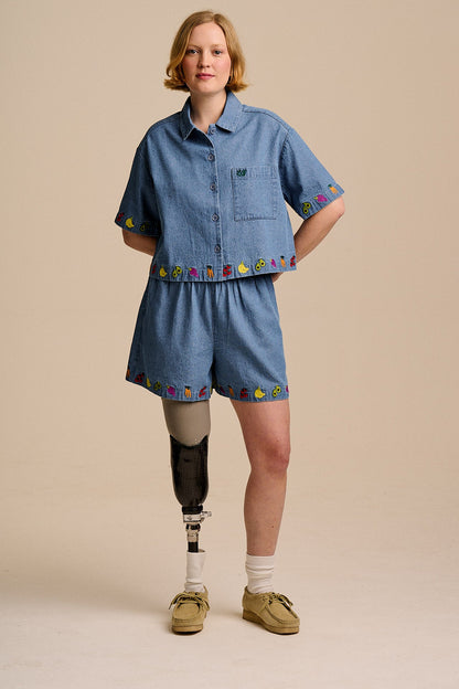 Charlie - Cotton Shorts in Light Blue with Veg Embroidery