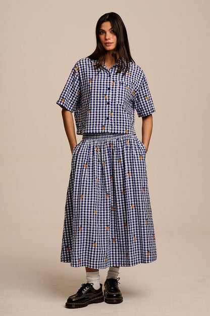 Sofiya - Midi Skirt in Gingham Carrot Embroidery
