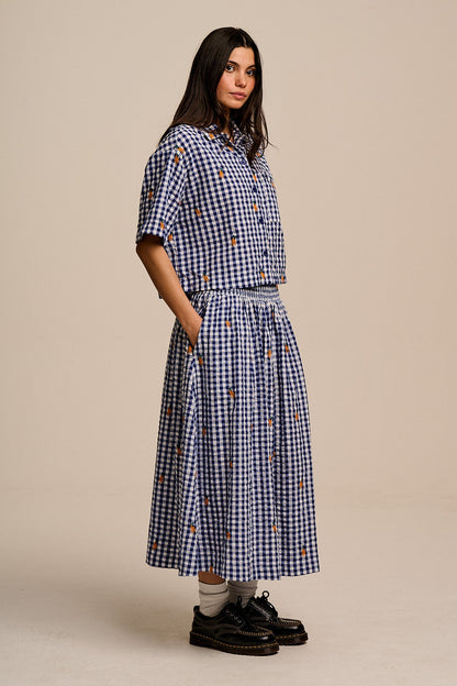 Archer -  Cotton Shirt in Gingham with Carrot Embroidery